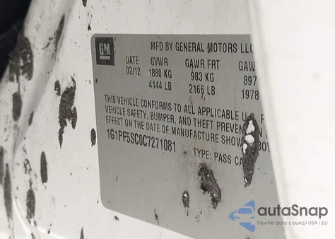 2012 Chevrolet Cruze 1Lt z USA, uszkodzony, nr VIN 1G1PF5SC0C7271081